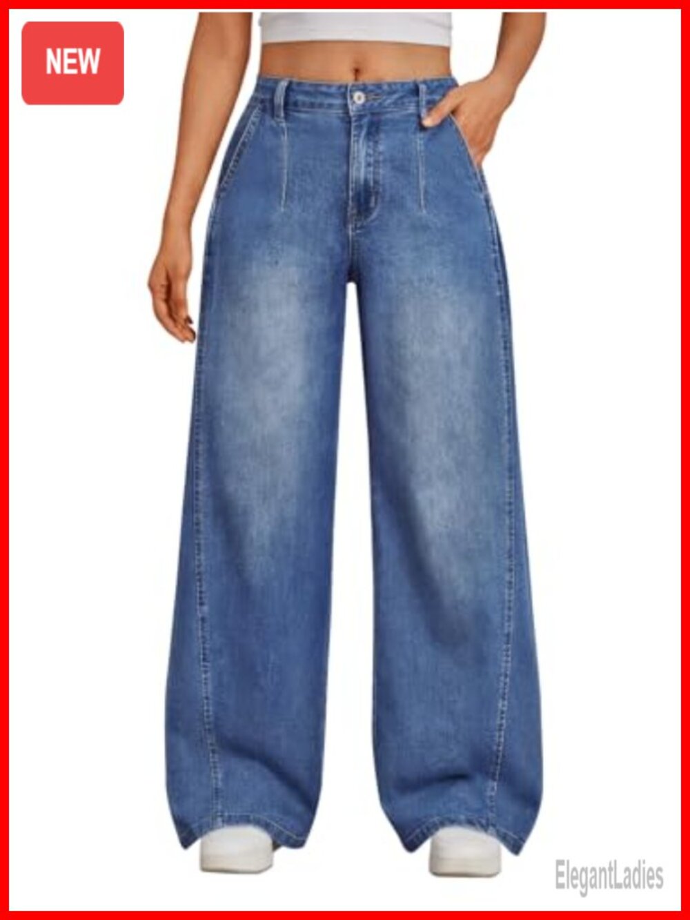 Wide Leg Jeans Side Pleat Baggy Denim Pull On Casual Pants